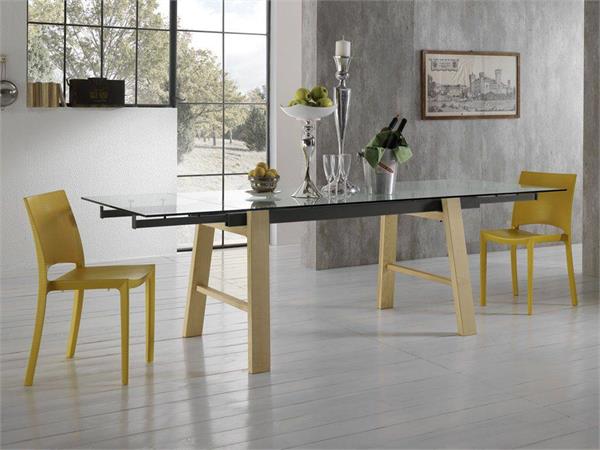 Hornet glass extending table with legs in wood 