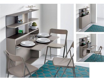 Wall Folding Table/Desk With Chairs and Wall Bookcase Bureau